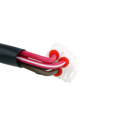 Ignition switch harness connector for Yamaha YFZ450 by DGT Agri, white plastic 4-pin with red grommets and red wires.