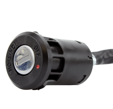 Ignition Key Switch - 2-Position for Arctic Cat 90 / Kawasaki KFX90, black plastic with red dot and wiring harness.