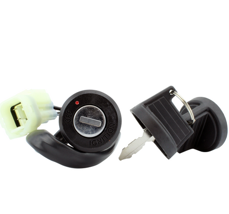 Ignition key switch 2-position for Can-Am DS250, black plastic housing with white connector plug and key.