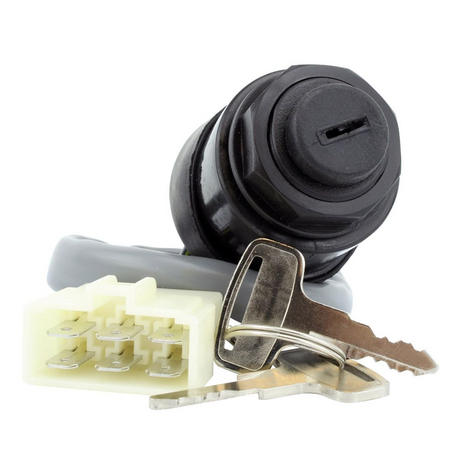 Ignition key switch, 3-position, for Kawasaki Mule KAF (1990–2021) with multi-pin connector and key.