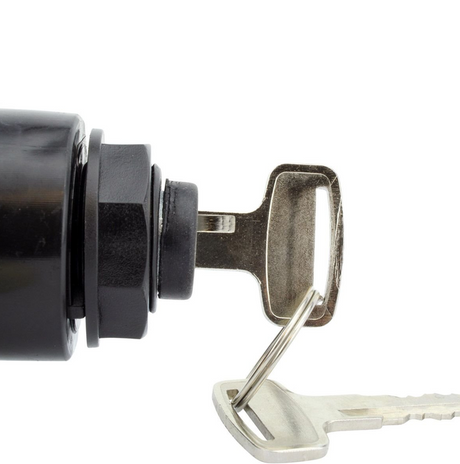 Ignition key switch, black plastic housing with metal key inserted, for Kawasaki Mule KAF 3-position.