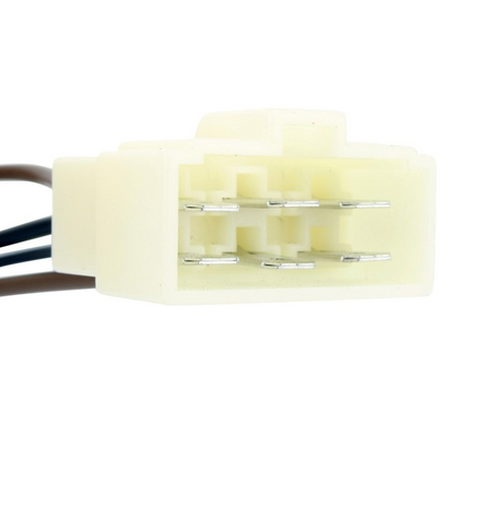 Ignition key switch connector, 6-pin white plastic housing with exposed metal pins and brown/blue wires.