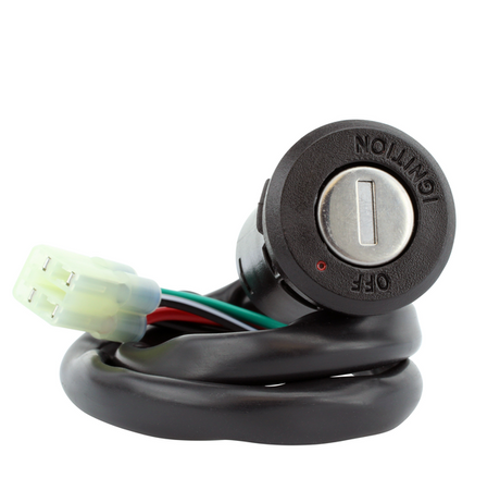 Ignition key switch, 2-position, black plastic with wiring harness and 4-pin connector
