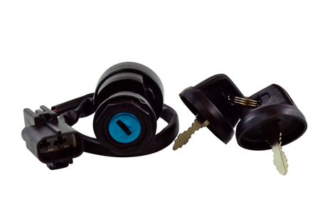 Ignition key switch, 2-position, black housing with blue insert, includes two keys and wiring harness