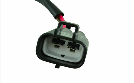 Ignition switch connector, 2-position, black housing with white inner, two metal terminals and red wire