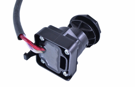 Ignition key switch, 2-position, black plastic housing with red and white wires.