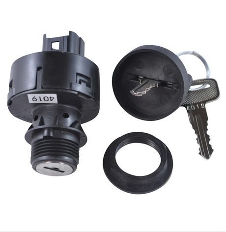 Ignition key switch, 3-position, black plastic with key and ring 3-item set for Polaris Ranger and Yamaha Viking