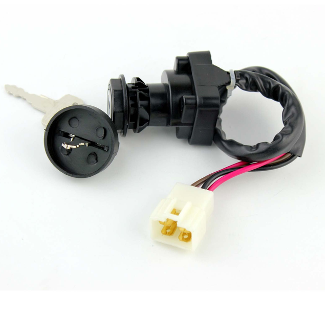 Ignition key switch 2-position for Polaris Big Boss/Scrambler/Sportsman, DGT Agri; black housing with white 2-pin connector.