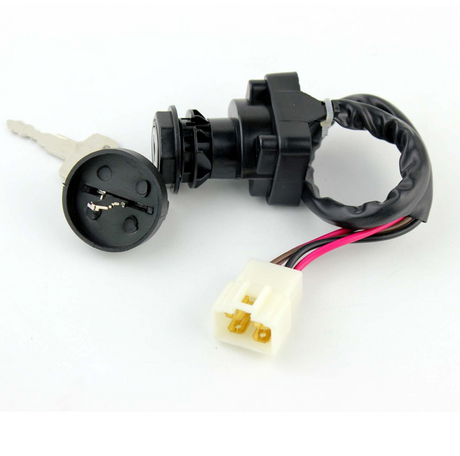 Ignition key switch 2-position for Polaris Big Boss/Scrambler/Sportsman, DGT Agri; black housing with white 2-pin connector.