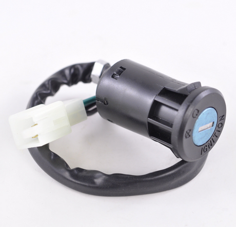 DGT Agri ignition key switch, 2-position, universal fit, black housing with blue circular insert and white connector.