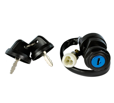 Ignition key switch with two keys, wiring harness, blue lock cylinder and white 3-pin connector