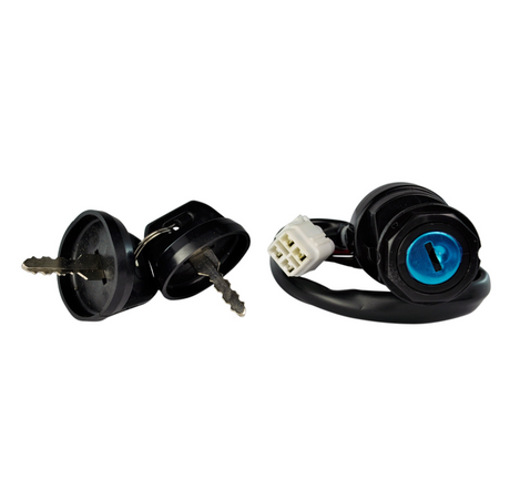 Ignition key switch, 2-position with two keys and wiring harness; black housing with blue insert
