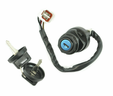 Ignition key switch for Yamaha ATV, 2-position, blue cylinder with black wiring harness and two keys