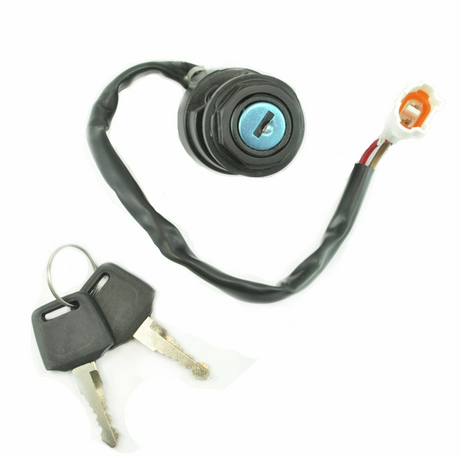 Ignition key switch (2-position) for Yamaha ATVs (2001–2014) with blue lock cylinder, wiring harness, and two keys.