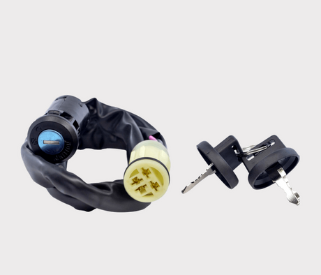 Ignition Key Switch with black wrapped wiring harness, blue dial, yellow 5-pin connector, and two keys; DGT Agri