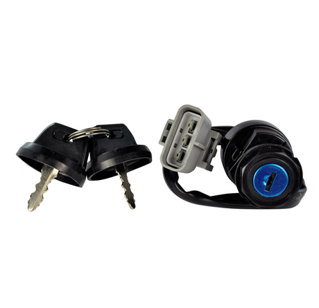 Ignition key switch with two keys and gray 4-pin connector; black housing with blue cylinder for Yamaha Grizzly/Kodiak