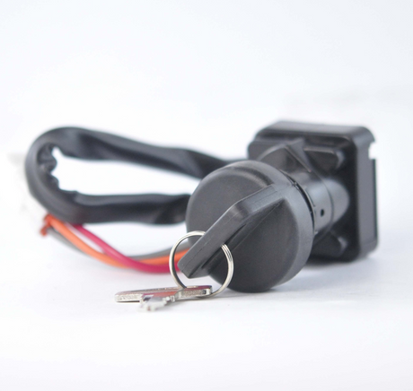Ignition key switch for ATVs by DGT Agri, black plastic with wiring harness and metal key