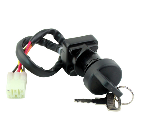 Black ignition key switch with wiring harness and key for Suzuki ATV LTF/LTA Eiger and KingQuad models.
