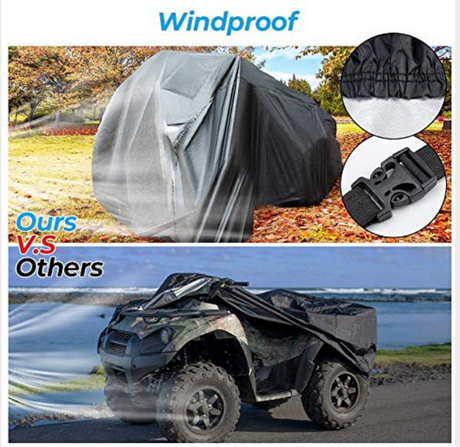 ATV cover – Large (100 x 43 x 47 in), gray windproof protective cover on a quad with buckle strap close-ups