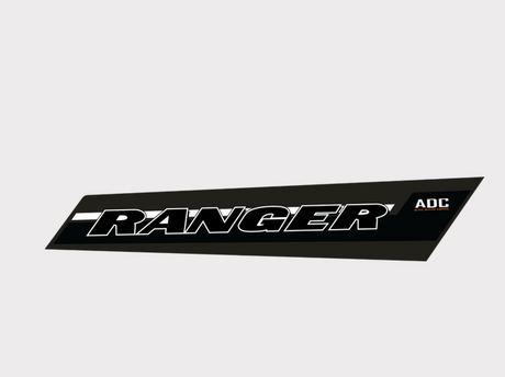 Fender sticker – rear RH decal for Polaris Ranger 902D, black angled panel with bold RANGER text and ADC logo.