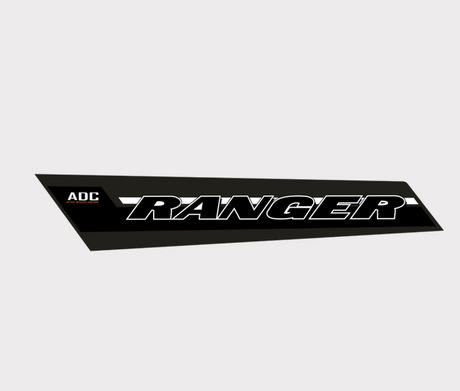 Sticker for Polaris Ranger rear-left, black with large white RANGER lettering and ADC logo