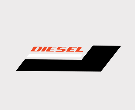 Sticker featuring the Diesel logo in red lettering with a black angular background.