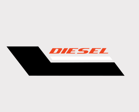 Fender sticker front-LH for Polaris Ranger 902D; black and white diagonal stripe with orange DIESEL logo.