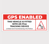 Sticker – Theft Deterrent iTrac, red and white GPS-enabled vehicle warning label.