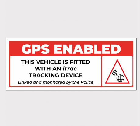 Sticker – Theft Deterrent iTrac, red and white GPS-enabled vehicle warning label.