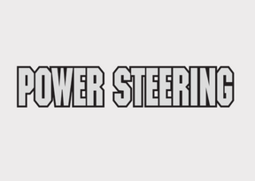 Sticker with bold, black-outline text reading POWER STEERING on a light gray background.