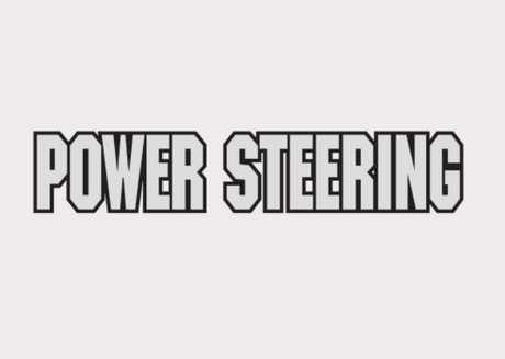 Sticker with bold, black-outline text reading POWER STEERING on a light gray background.