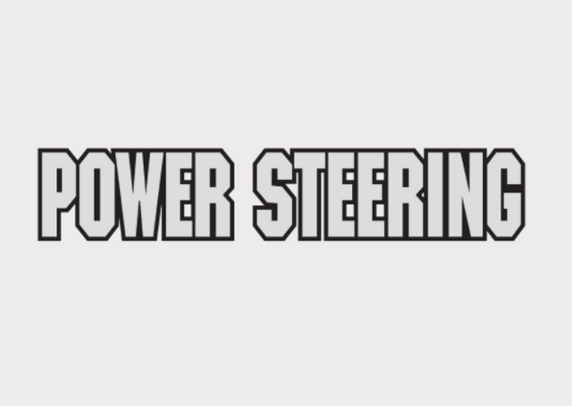 Sticker with bold, black-outline text reading POWER STEERING on a light gray background.