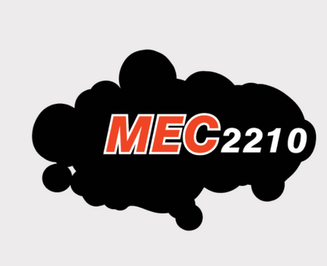 Sticker MEC2210 with red MEC lettering on a black cloud-shaped background.