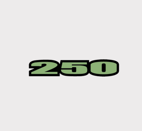 Sticker showing the number 250 in green with a black outline.