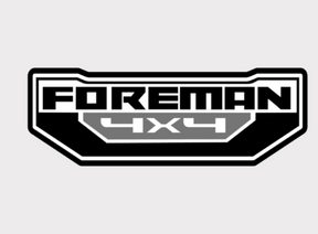 Sticker for Honda Foreman 4x4 front center featuring black and white Foreman 4x4 logo with gray badge
