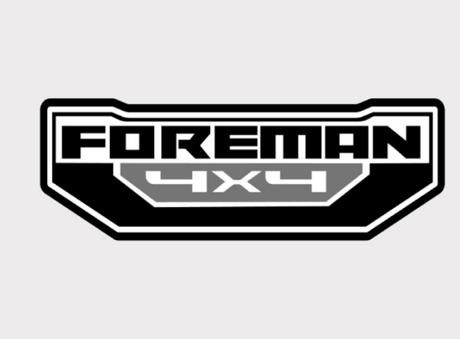 Sticker for Honda Foreman 4x4 front center featuring black and white Foreman 4x4 logo with gray badge