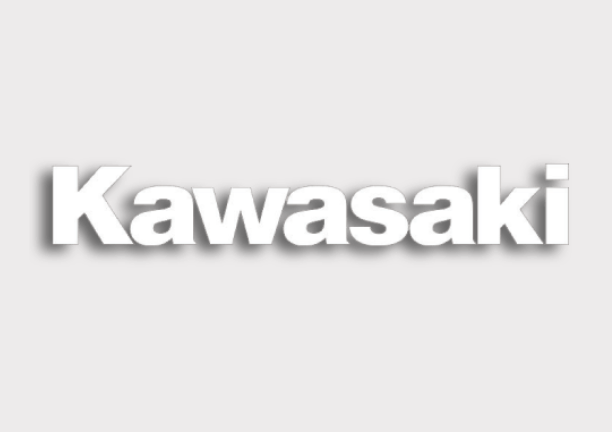Sticker – white side logo featuring the Kawasaki wordmark; bold text on a light gray background.
