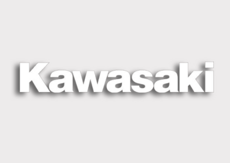 Sticker – white side logo featuring the Kawasaki wordmark; bold text on a light gray background.