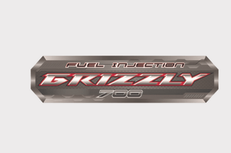 Sticker for Yamaha Grizzly 700 FI tank right and left sides metallic gray with red Grizzly 700 text.