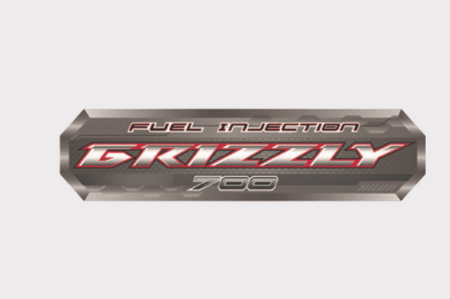Sticker for Yamaha Grizzly 700 FI tank right and left sides metallic gray with red Grizzly 700 text.