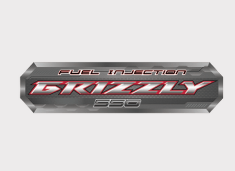 Sticker - tank decal for Yamaha Grizzly 550 FI (2009–2014), gray metallic with red GRIZZLY logo.