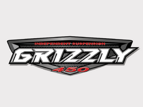 Sticker decal for Yamaha Grizzly 450 tank RH/LH featuring Grizzly 450 logo and Independent Suspension text