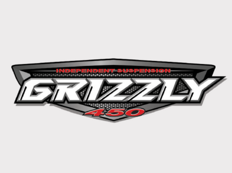 Sticker decal for Yamaha Grizzly 450 tank RH/LH featuring Grizzly 450 logo and Independent Suspension text