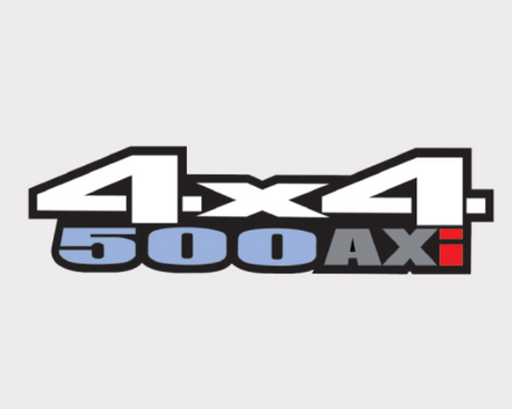Sticker - Tank decal with 4x4 500AXi logo, white background, blue 500 text, black gray accents