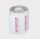 Service reminder stickers roll, 250-count, by DGT Agri; white labels with red NEXT SERVICE DUE text.