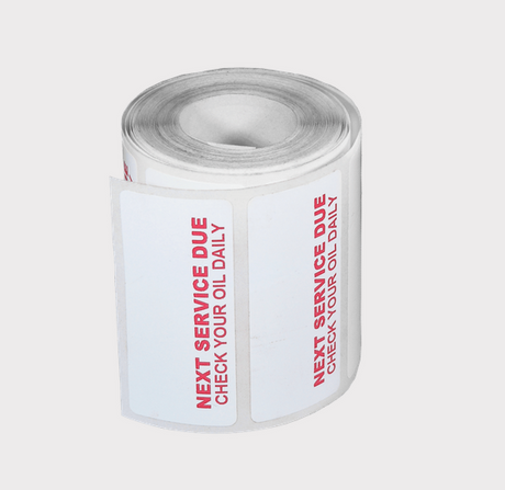 Service reminder stickers roll, 250-count, by DGT Agri; white labels with red NEXT SERVICE DUE text.