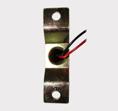 DIN pole mount metal bracket with two holes and red/black wires