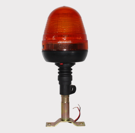 DIN pole-mount amber flashing beacon, cone-shaped with black base and mounting bracket.