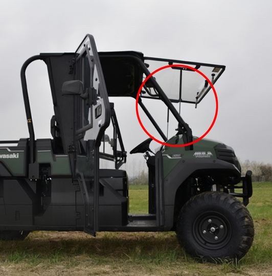 Windscreen opening strut for Kawasaki Mule Pro-DX mounted on a rugged utility vehicle
