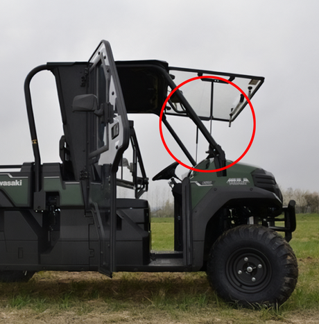 Windscreen opening strut for Kawasaki Mule Pro-DX mounted on a rugged utility vehicle